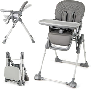 Seggiolone Pieghevole per Bambini, Portatile Regolabile con Poggiapiedi, Seggiolone con Vassoio Staccabile, Cuscino Sede in PU, Cintura di Sicurezzae Ruote Incorporate, Portata 15 kg (Grigio)