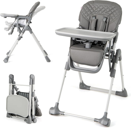 Seggiolone Pieghevole per Bambini, Portatile Regolabile con Poggiapiedi, Seggiolone con Vassoio Staccabile, Cuscino Sede in PU, Cintura di Sicurezzae Ruote Incorporate, Portata 15 kg (Grigio)