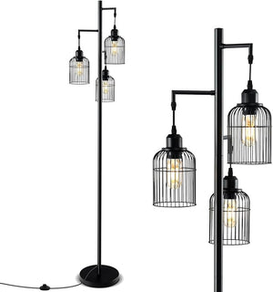 Lampada da Terra Moderna, Lampada da Terra Industriale con 3 Paralumi a Gabbia, Interruttore a Pedale e Base Robusta, Lampada da Salotto, Camera da Letto e Studio [Classe di efficienza energetica A]