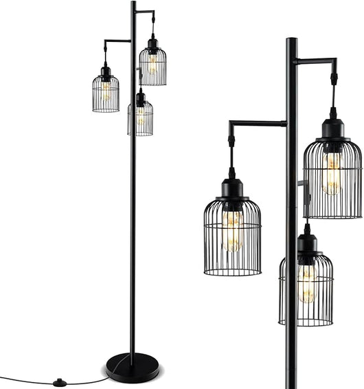 Lampada da Terra Moderna, Lampada da Terra Industriale con 3 Paralumi a Gabbia, Interruttore a Pedale e Base Robusta, Lampada da Salotto, Camera da Letto e Studio [Classe di efficienza energetica A]