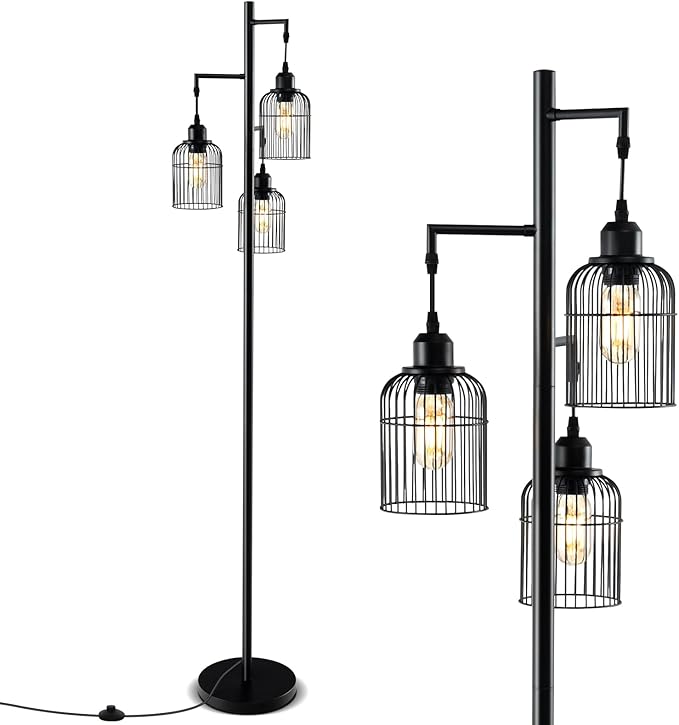 Lampada da Terra Moderna, Lampada da Terra Industriale con 3 Paralumi a Gabbia, Interruttore a Pedale e Base Robusta, Lampada da Salotto, Camera da Letto e Studio [Classe di efficienza energetica A]