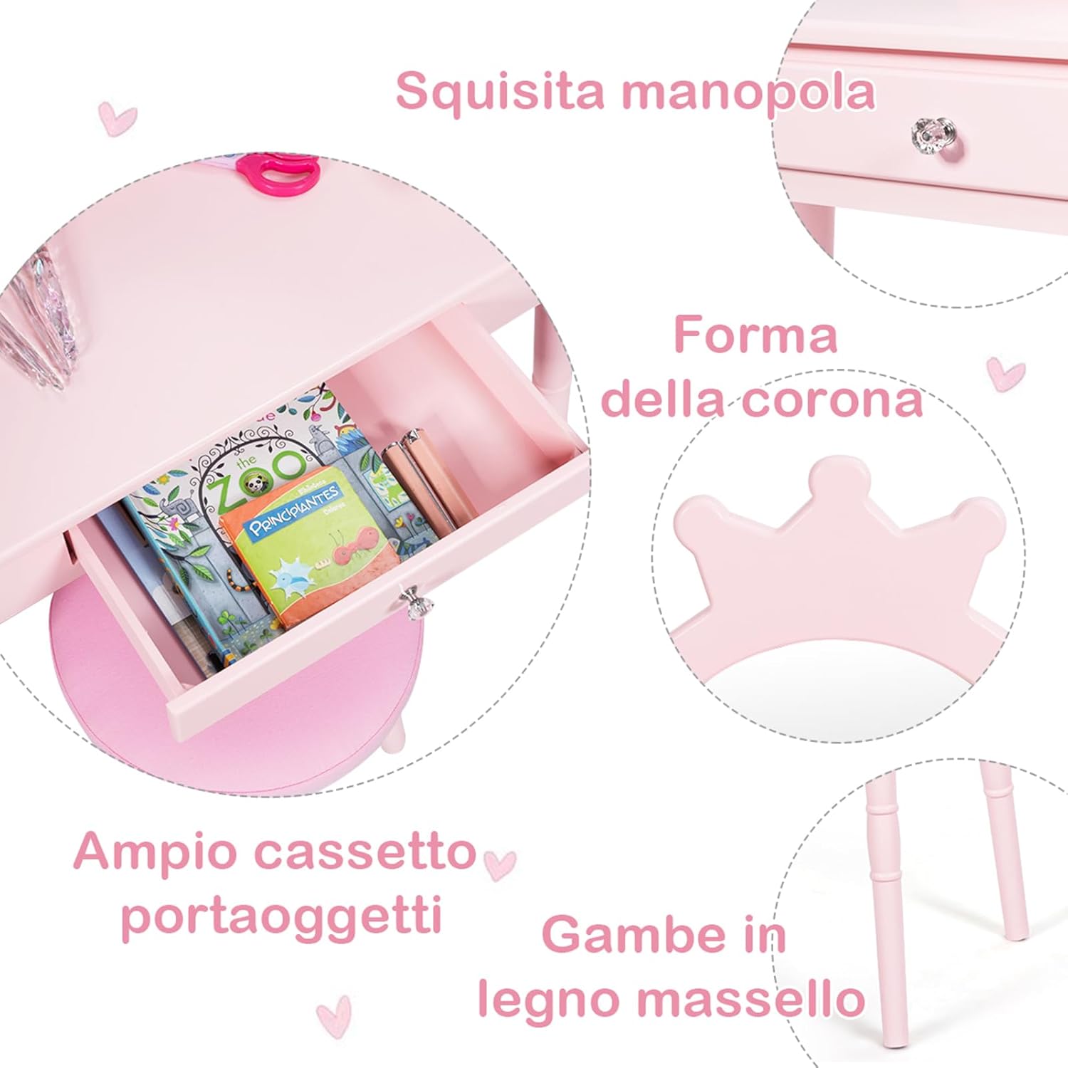 Toeletta Trucco per Bambina, Specchiera per Ragazzi in Legno Robusto, Postazione Trucco 2 in 1 Principessa con Cassetto, Sgabello e Specchio Staccabile, 70 x 34 x 100 cm (Rosa)