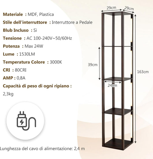 Lampada da Terra con Mensola, Lampadine LED Dimmerabili a 3 Livelli e Poli LED Ruotabili, Piantana Lampada da Terra per Soggiorno, Studio e Camera da Letto (Marrone)