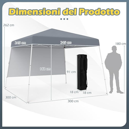 Gazebo Pop-up da Esterno 3 x 3 m, Gezebo Pieghevole con 1 Parete Laterale, Zaino Portatile e 4 Picchetti, Tendone Impermeabile e Resistente per Campeggio e Feste (Grigio)