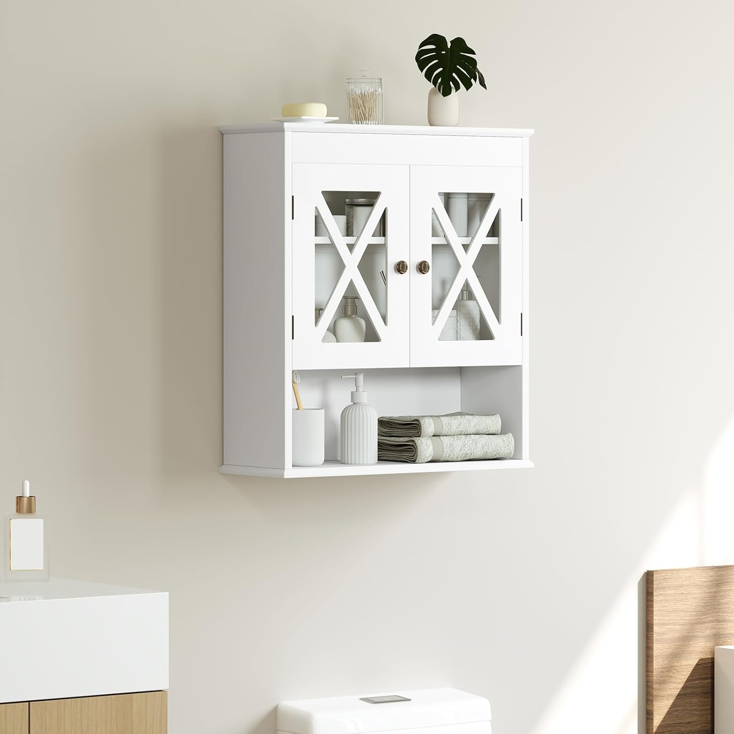 Mobile Bagno Sospeso 54 x 20 x 60 cm, Armadietto da Parete con 2 Ante in Acrilico, Ripiano Regolabile e Scomparto Aperto, Mobiletto da Muro per Lavanderia e Cucina