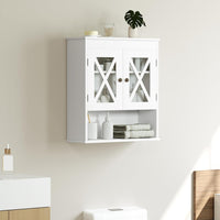 Mobile Bagno Sospeso 54 x 20 x 60 cm, Armadietto da Parete con 2 Ante in Acrilico, Ripiano Regolabile e Scomparto Aperto, Mobiletto da Muro per Lavanderia e Cucina