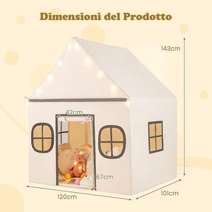 Tenda da Gioco per Bambini, con Tenda Porta e Finestre, Luci a Stella, Tappetino Antiscivolo, Casetta per Bambini e Bambine 3-10 Anni, 120 x 101 x 143 cm (Beige)