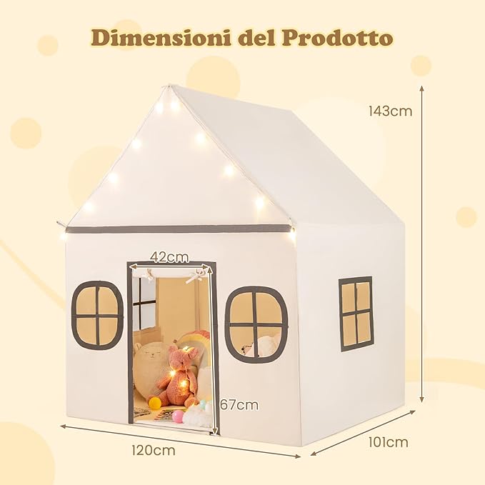 Tenda da Gioco per Bambini, con Tenda Porta e Finestre, Luci a Stella, Tappetino Antiscivolo, Casetta per Bambini e Bambine 3-10 Anni, 120 x 101 x 143 cm (Beige)