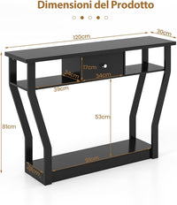 Tavolo Consolle in Legno, Consolle con Cassetto e Ripiani, Tavolo d'Ingresso Multiuso per Salotto, Corridoio e Entrata 120 x 30 x 81 cm (Nero)