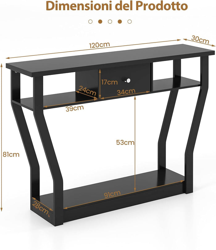 Tavolo Consolle in Legno, Consolle con Cassetto e Ripiani, Tavolo d'Ingresso Multiuso per Salotto, Corridoio e Entrata 120 x 30 x 81 cm (Nero)