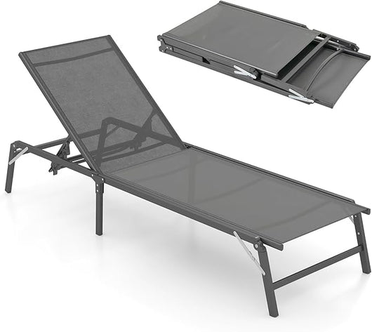 Sedia Prendisole da Esterno, Lettino Pieghevole in Tessuto Traspirante con Schienale Regolabile a 5 Posizioni, Struttura in Metallo Resistente, Sedia a Sdraio per Campeggio e Spiaggia