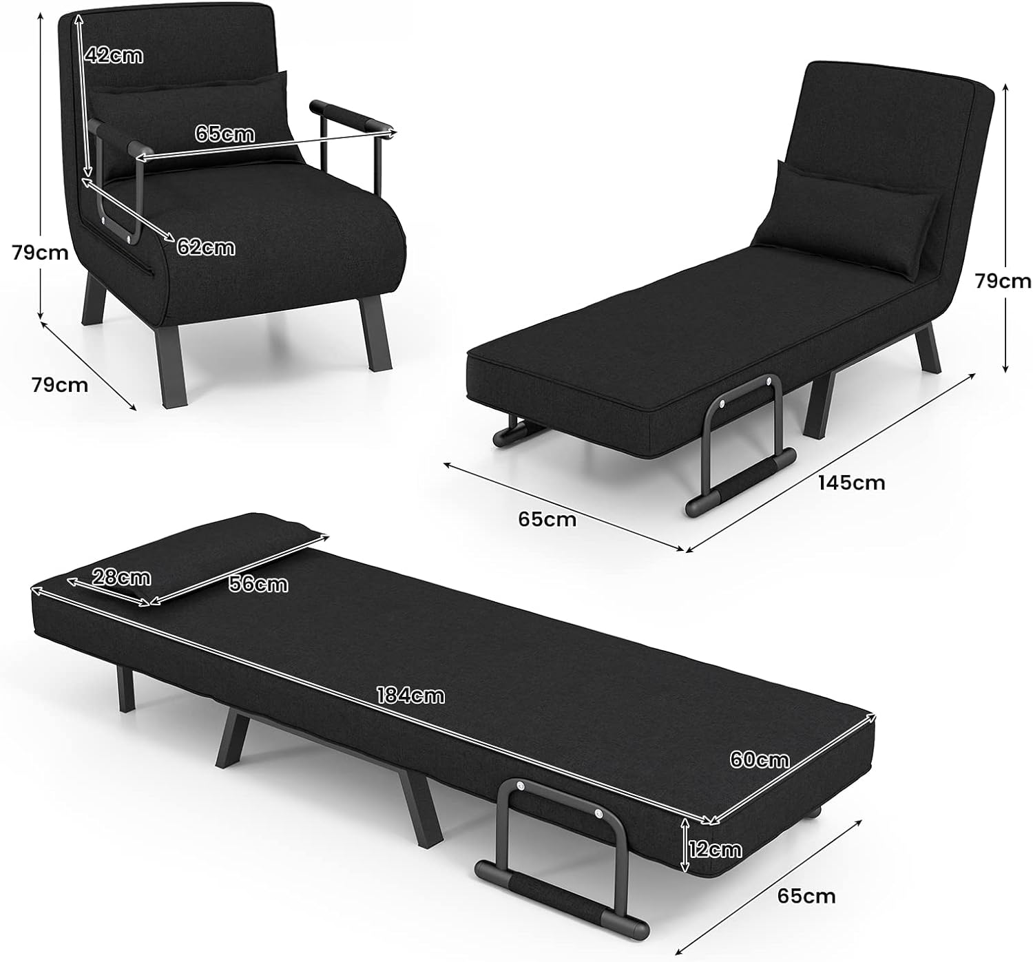 Poltrona Letto Singolo, Poltroncina Pieghevole con Schienale Regolabile in 6 Posizioni, Cuscino Rimovibile e Sedile Imbottito Robusto, Divano Letto per Casa Ufficio, 79x65x79 cm (Nero)