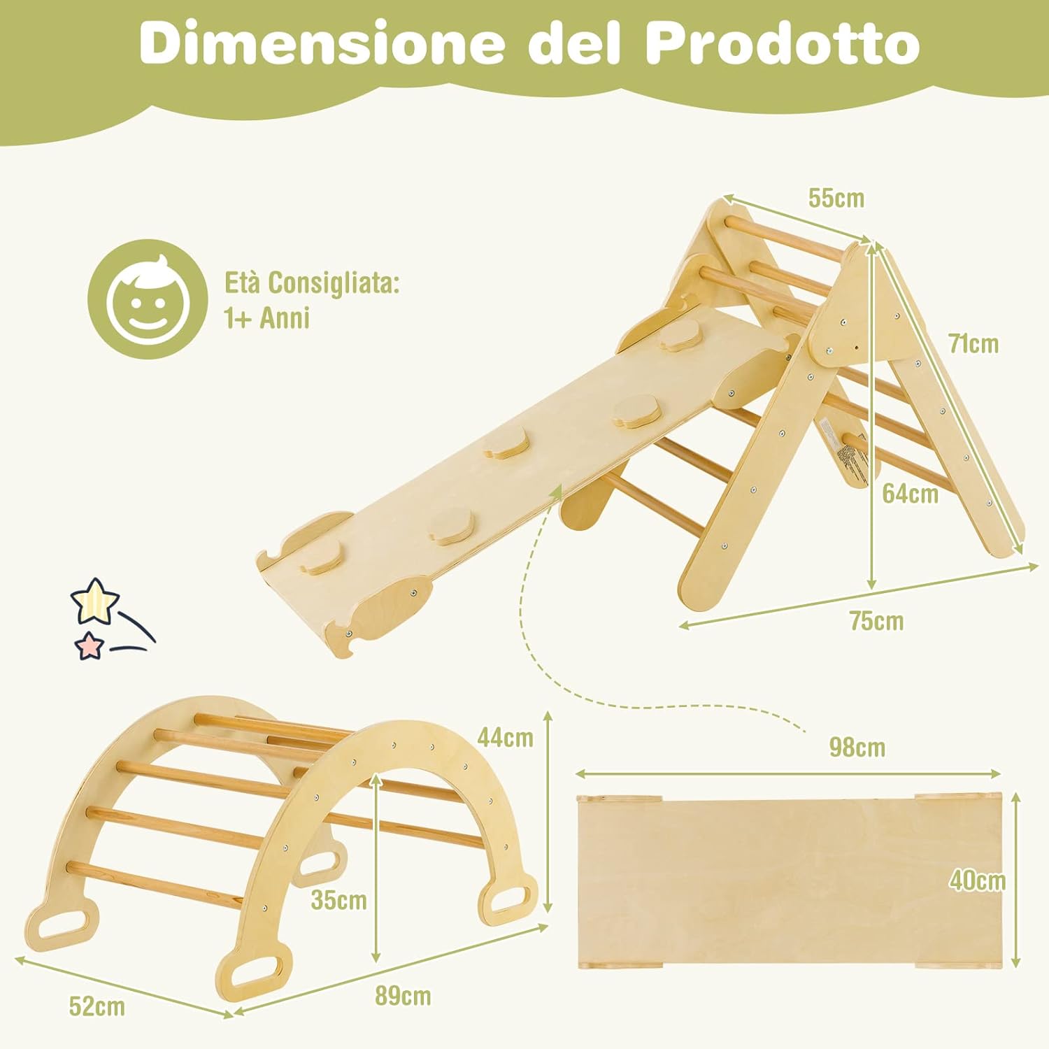 4 in 1 Set da Arrampicata per Bambini, Giocattoli da Arrampicata a Triangolo con Triangolo Arco e Salita, Ideale per Bambini 1 Anni + (Naturale)