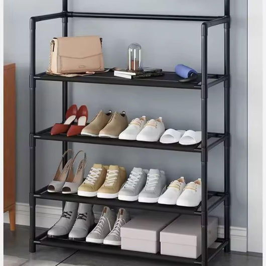 Appendiabiti Ingresso con Scarpiera a 4 Ripiani, Attaccapanni Salva Spazio Porta Abiti Autoportante H150 cm, Stile Vintage Nero per Salotto e Corridoio.