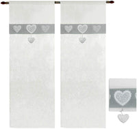 Tende Finestre Porta 60x240 cm Tessuto Lino Semitrasparente Coppia 2 Pz Shabby Chic Cuori Grigio