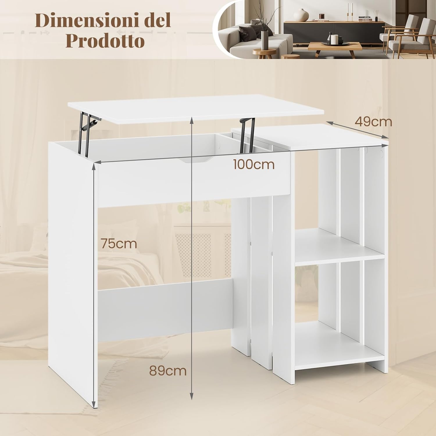 Scrivania per Computer con Piano Sollevabile, Scrivania PC con Scomparto Segreto Salvaspazio e 2 Ripiani, Scrivania Moderna per Ufficio, Studio e Camera da Letto, 100 x 49 x 75 cm, Bianco