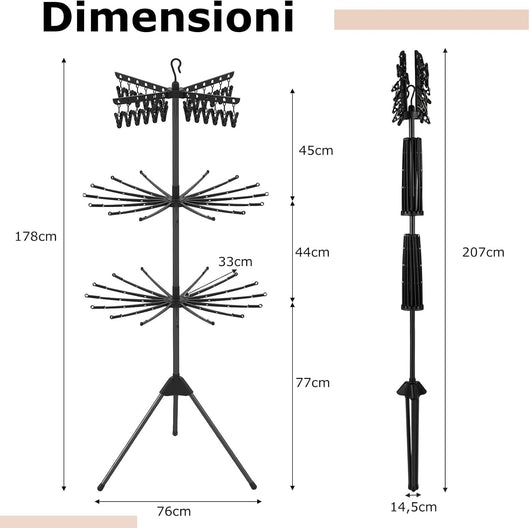 Stendibiancheria da Pavimento a 3 Livelli, Auoto Tripode Stendibianchiera Alto 178 cm con con 24 Ganci & 32 Aste, Portaasciugamani Pieghevole con Bracci Rotabili per Lavanderia e Balcone