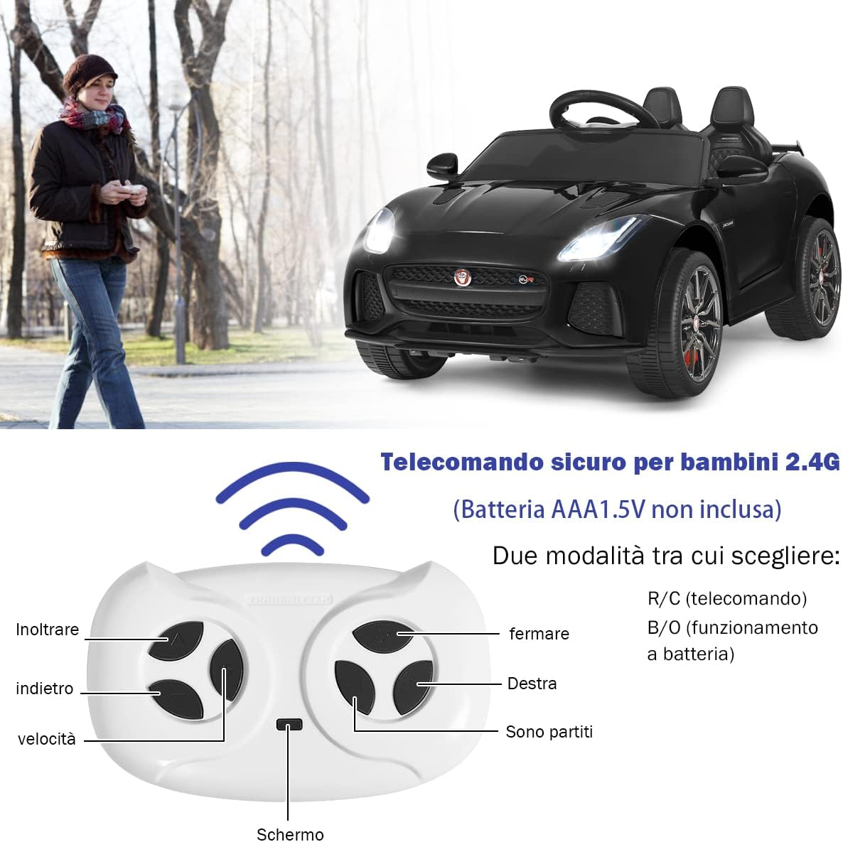 Jaguar Auto Elettrico 12 V per Bambini, Macchina Elettrica con Telecomando, con Luci Musica Storia, Avvio Lento, Velocit¨¤ 3-5 km/h (Nero)