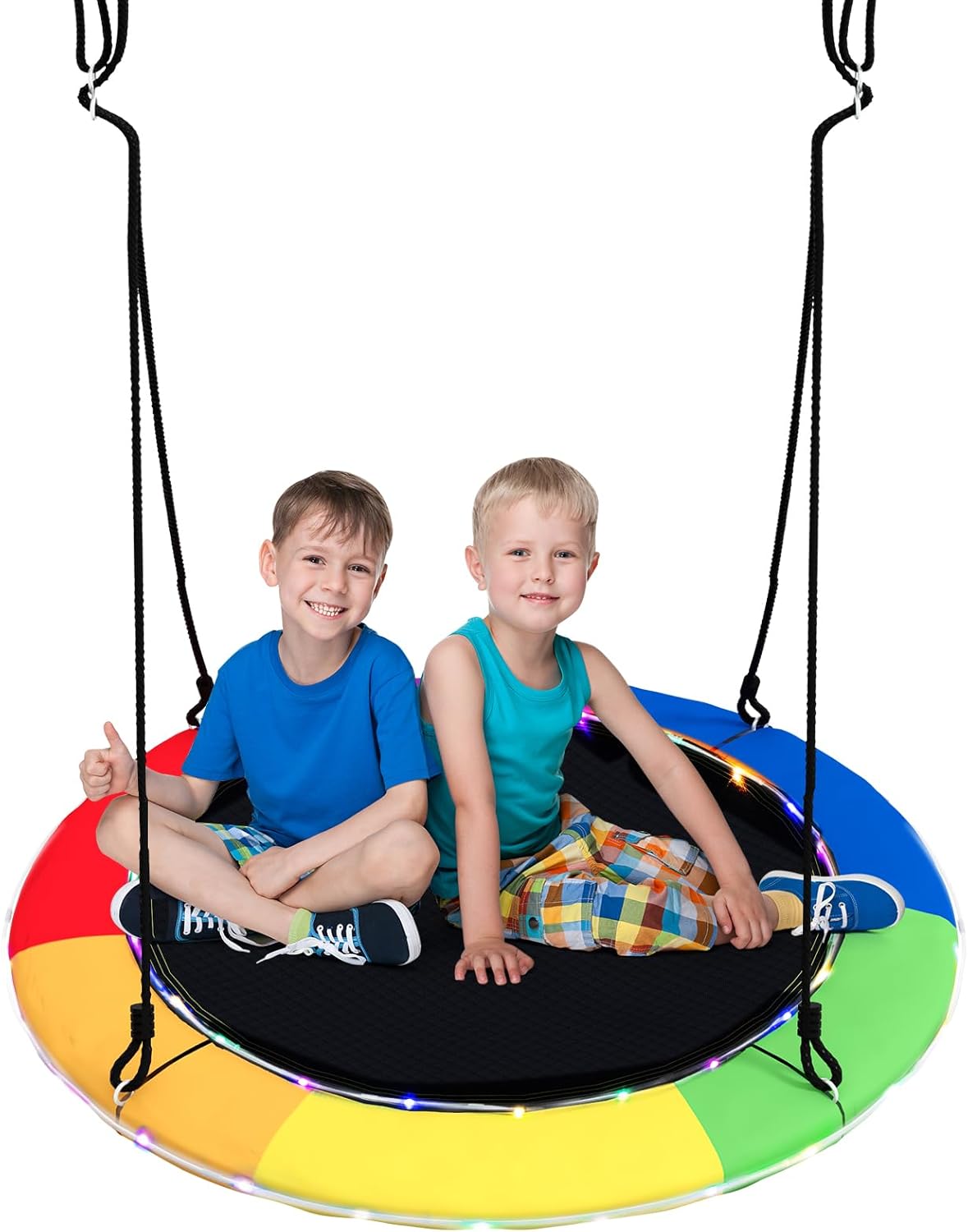 Altalena a Nido 100 cm per Bambini e Adulti, Altalena Rotonda con Luci LED Colorate e 2 Funi Regolabili, Capacità di Carico 300 kg da Giardino Esterno (Colorato)