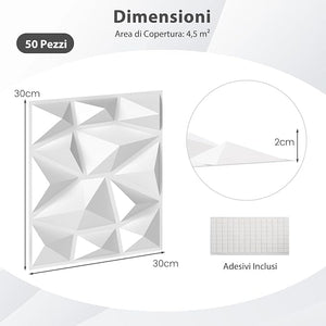 50 Pezzi 3D Pannelli Murali 30 x 30 cm, Pannello da Parete 3D Diamante, Decorazione Interna da Parete in PVC, 4,5 m², per Soggiorno Camera da Letto (4,5㎡,Bianco)