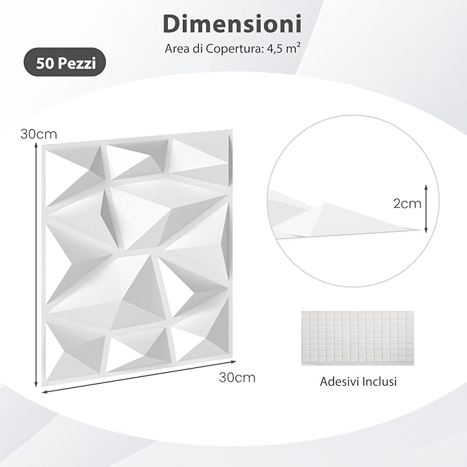 50 Pezzi 3D Pannelli Murali 30 x 30 cm, Pannello da Parete 3D Diamante, Decorazione Interna da Parete in PVC, 4,5 m², per Soggiorno Camera da Letto (4,5㎡,Bianco)