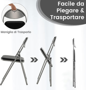 Set di 4 Sedie Pieghevoli Imbottite e Struttura in Metallo, Sedie da Pranzo Salvaspazio con Antiscivoli, Sedie Sala Riunione per Interno ed Esterno, 47 cm x 46 cm x 80 cm (Nero)