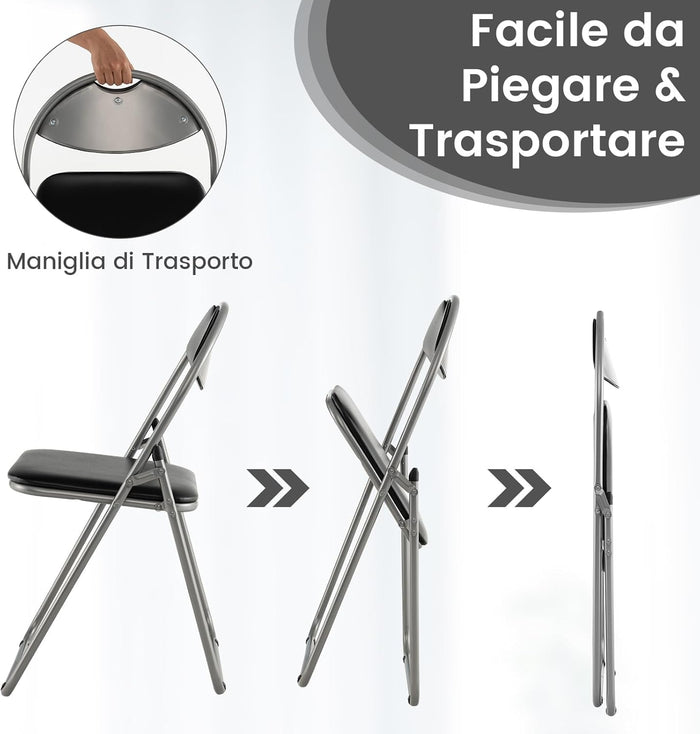 Set di 4 Sedie Pieghevoli Imbottite e Struttura in Metallo, Sedie da Pranzo Salvaspazio con Antiscivoli, Sedie Sala Riunione per Interno ed Esterno, 47 cm x 46 cm x 80 cm (Nero)