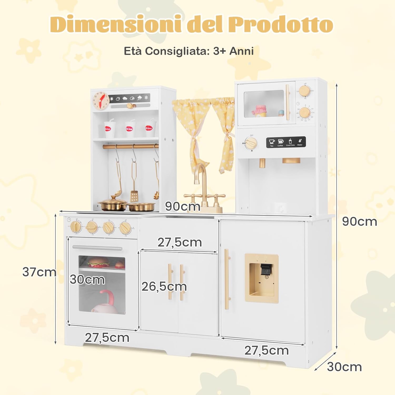 Cucina Giocattolo per Bambini, Cucina per Bambini in Legno con Forno, Microonde, Macchina da Caffè, Macchina del Ghiaccio, Lavello e Rubinetto, con Luci e Suoni per Bambini di 3+ Anni (Bianco)