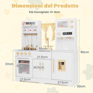 Cucina Giocattolo per Bambini, Cucina per Bambini in Legno con Forno, Microonde, Macchina da Caffè, Macchina del Ghiaccio, Lavello e Rubinetto, con Luci e Suoni per Bambini di 3+ Anni (Bianco)