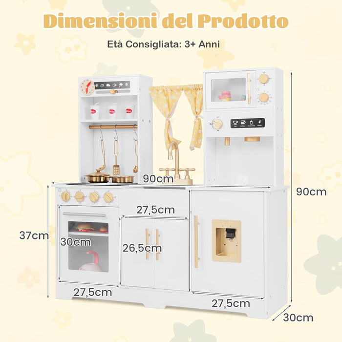 Cucina Giocattolo per Bambini, Cucina per Bambini in Legno con Forno, Microonde, Macchina da Caffè, Macchina del Ghiaccio, Lavello e Rubinetto, con Luci e Suoni per Bambini di 3+ Anni (Bianco)