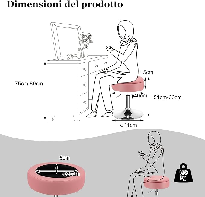 Sgabello Girevole Altezza Regolabile con Portaoggetti, Poggiapiedi Sgabelli da Trucco, Tavolino da Caffè, Sgabello da Lavoro Rotondo in Finta Pelle per Bar, Ufficio, Soggiorno, Camera (Rosa)