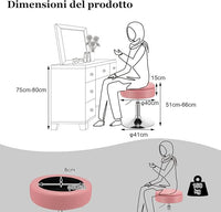 Sgabello Girevole Altezza Regolabile con Portaoggetti, Poggiapiedi Sgabelli da Trucco, Tavolino da Caffè, Sgabello da Lavoro Rotondo in Finta Pelle per Bar, Ufficio, Soggiorno, Camera (Rosa)