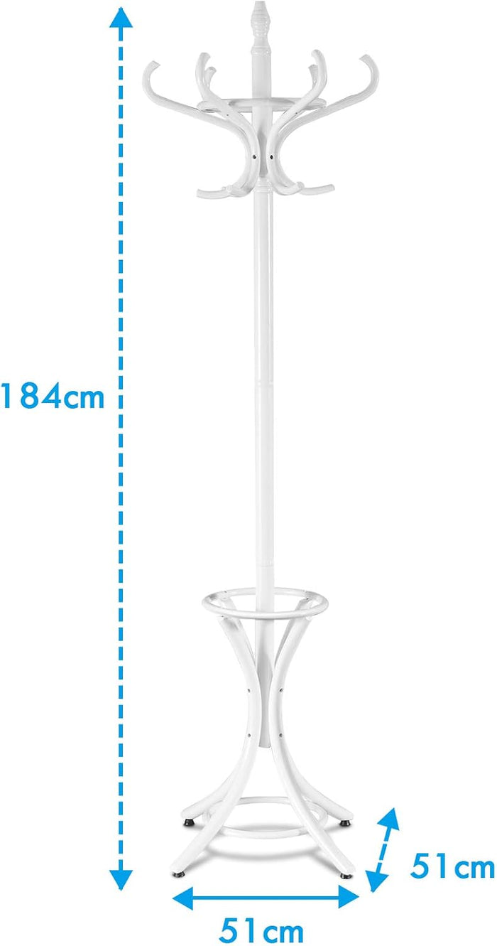 Attaccapanni da Terra Appendiabiti a piedi con 12 Ganci in Legno Ecologico, 51 x 51 x 184 cm (Bianco)