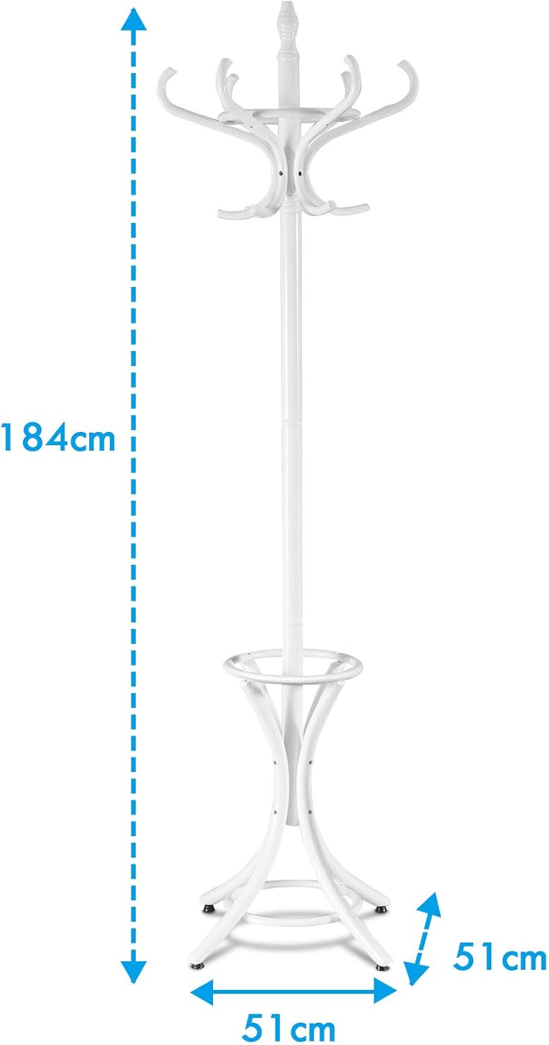 Attaccapanni da Terra Appendiabiti a piedi con 12 Ganci in Legno Ecologico, 51 x 51 x 184 cm (Bianco)