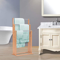 Portasciugamani in Bambù da Terra 46x24x84cm, Mobile Bagno con 3 Aste per Asciugamano in Acciaio Inox, Colore Naturale