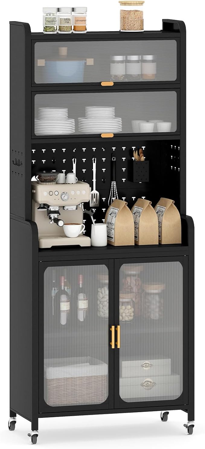 Credenza da Cucina, Armadietto Salvaspazio in Metallo con Ampio Piano di Lavoro, Ripiano Regolabile, Pannello Forato e Ruote, per Sala da Pranzo e Soggiorno, 79 x 37 x 192 cm