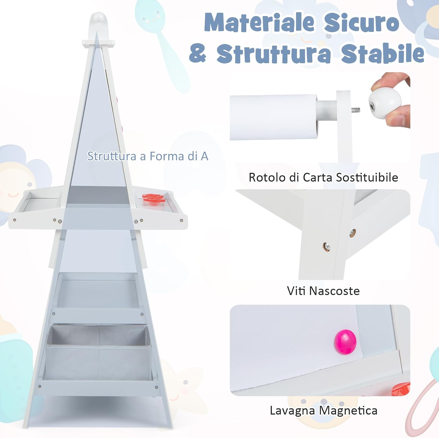 3 in 1 Cavalletto per Bambini con Doppia Faccia, Cavalletto per Disegno con 2 Vassoi e 2 Scatole, Lavagna Bambini in Legno (Bianco)