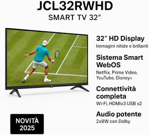 JCL Smart TV 32 Pollici HD Ready (720p), Sistema webOS TV 8.1, WiFi/Ethernet, Netflix & YouTube, Triplo HDMI, DVB-T/T2/C/S/S2, Attacco VESA