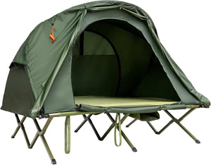 Tenda da Campeggio 4 in 1 con Letti, Copertura Esterna Impermeabile, Materasso a Gonfiaggio Automatico e Borsa di Trasporto con Rotelle, per Campeggio Arrampicata All'aperto Viaggio, Verde