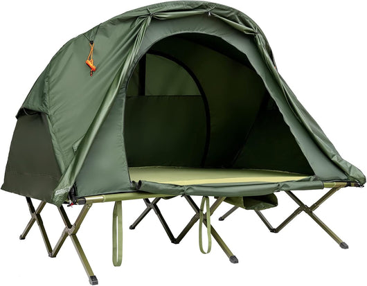 Tenda da Campeggio 4 in 1 con Letti, Copertura Esterna Impermeabile, Materasso a Gonfiaggio Automatico e Borsa di Trasporto con Rotelle, per Campeggio Arrampicata All'aperto Viaggio, Verde