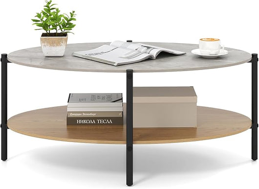 Tavolino da Caffè Ovale a 2 Livelli con Piano in Pietra, Tavolo da Caffè con Struttura in Metallo e Ripiano Aperto, Tavolino per Soggiorno o Sala d'Attesa