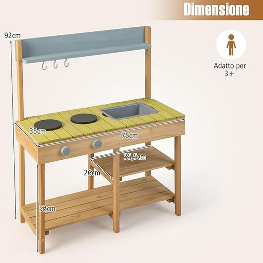 Cucina Giocattolo in Legno, Cucina per Bambini in Legno con Ganci Appendibili, 2 Fornelli, Lavello Rimovibile e Scaffali Aperti, Set da Giocattolo per Bambini 3+ Anni
