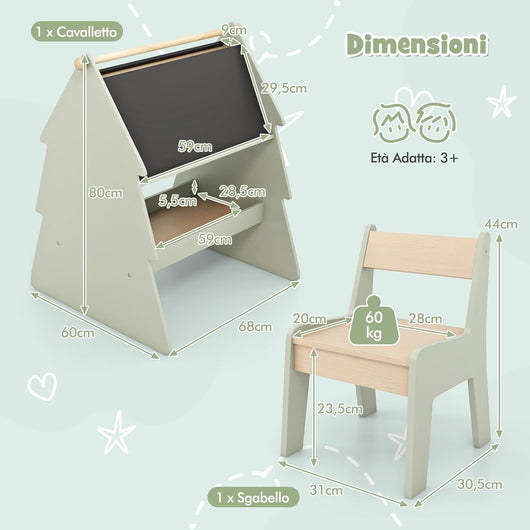 Cavalletto a Forma di Albero per Bambini con Sgabello, Set Tavolo e Sgabello con Cavalletto a 2 Lati e Scaffale per Riporre, Cavalletto da Disegno 68 x 60 x 80 cm, Verde e Naturale