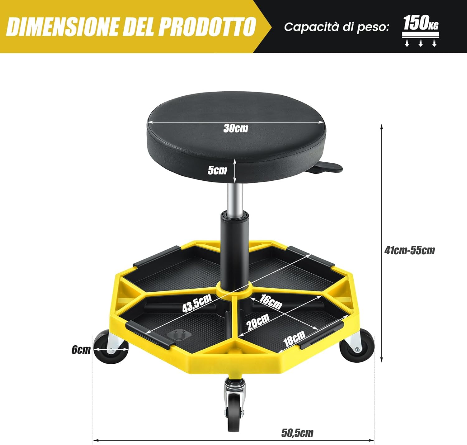Sgabello da Officina con Ruote, con Ripiano per Attrezzi e Viti, Portata di 150 kg, Altezza Regolabile e Girevole, Sedia Meccanico per Garage, Officina (Giallo)