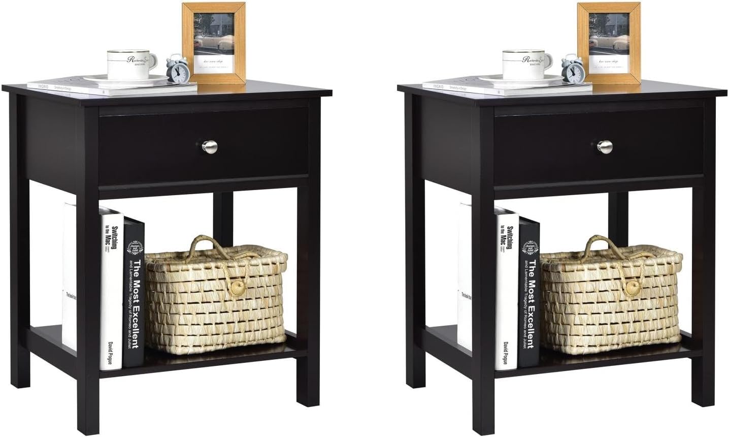 Comodino con Cassetto, Tavolino in Legno con 2 Livelli, Cassettiera da Letto Multifunzionale per Salone Camera da Letto Corridoio, 48 x 40 x 58 cm (Nero, 2 Pezzi)