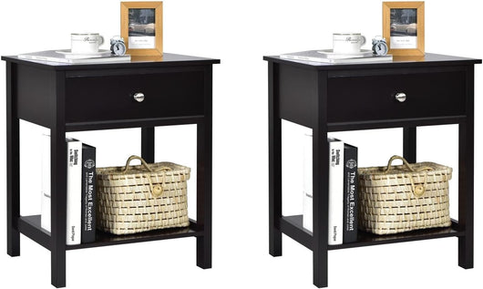 Comodino con Cassetto, Tavolino in Legno con 2 Livelli, Cassettiera da Letto Multifunzionale per Salone Camera da Letto Corridoio, 48 x 40 x 58 cm (Nero, 2 Pezzi)
