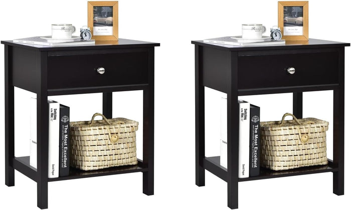 Comodino con Cassetto, Tavolino in Legno con 2 Livelli, Cassettiera da Letto Multifunzionale per Salone Camera da Letto Corridoio, 48 x 40 x 58 cm (Nero, 2 Pezzi)
