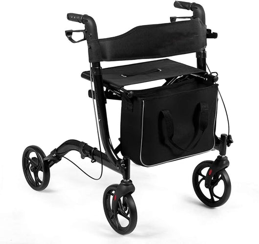 Deambulatore Pieghevole per Anziani Ultraleggero, con Sedile Borsa da Spesa e 4 Ruote Freno a Mano, Rollator Altezza Regolabile, Capacità 136kg, Lega di Alluminio, Nero (Nero)