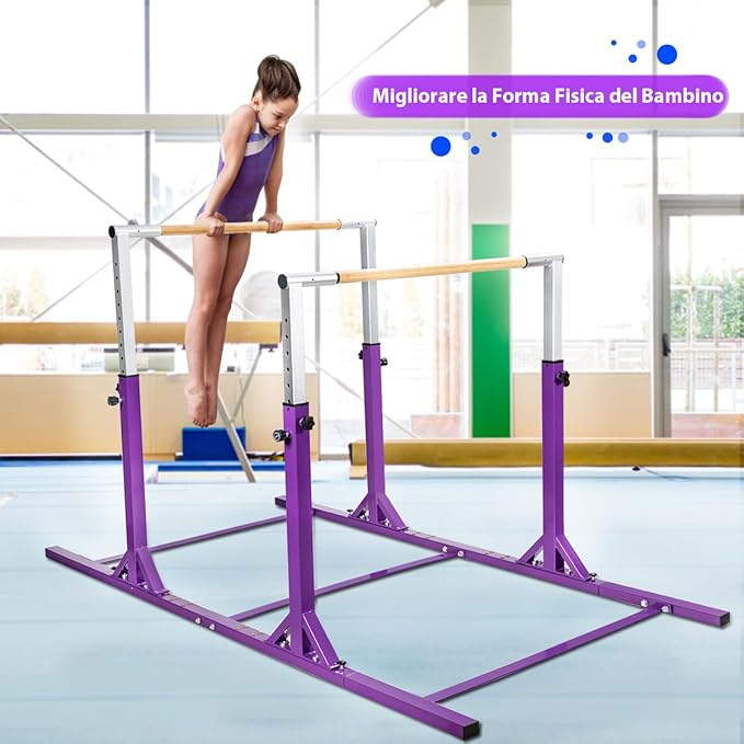 Parallele Doppie per Ginnastica, Sbarre Orizzontali Doppie con Larghezza Regolabile e 11 Altezze, capacità di Carico di 100 kg, Sbarre di Allenamento per Bambini 6-12 Anni