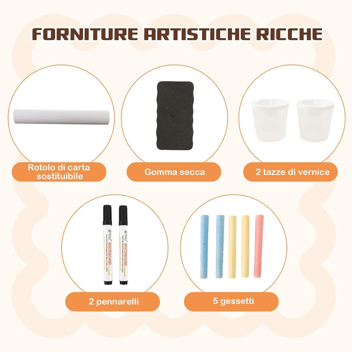 Set 3 in 1 Tavolo e Sedie per Bambini 3+ Anni, Tavolo in Legno Sicuro con Lavagna Cancellabile, Magnetica, Cavalletto Regolabile, Libreria e Accessori Artistici, per Disegno (Caffè)